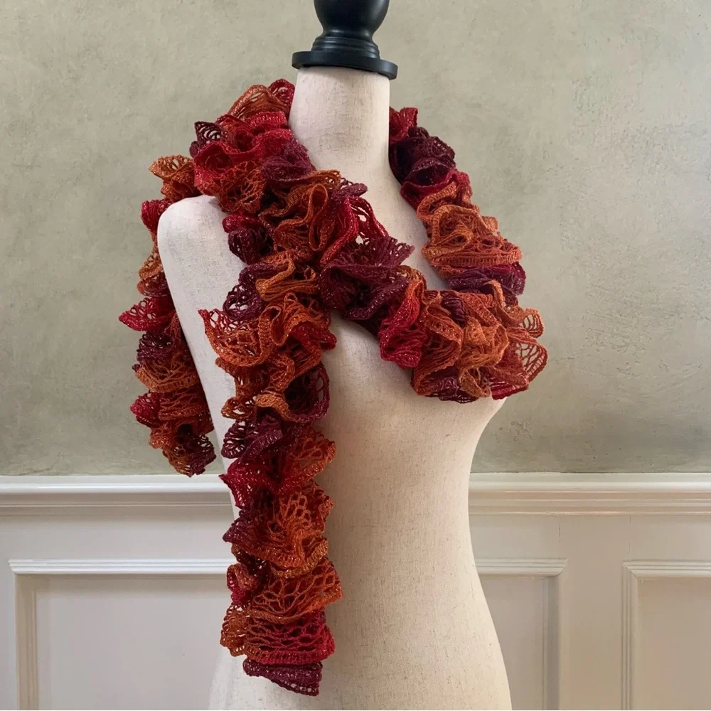 Artisan Handcrafted Ruffled Crochet / Knit Scarf Burgandy Rustic Orange